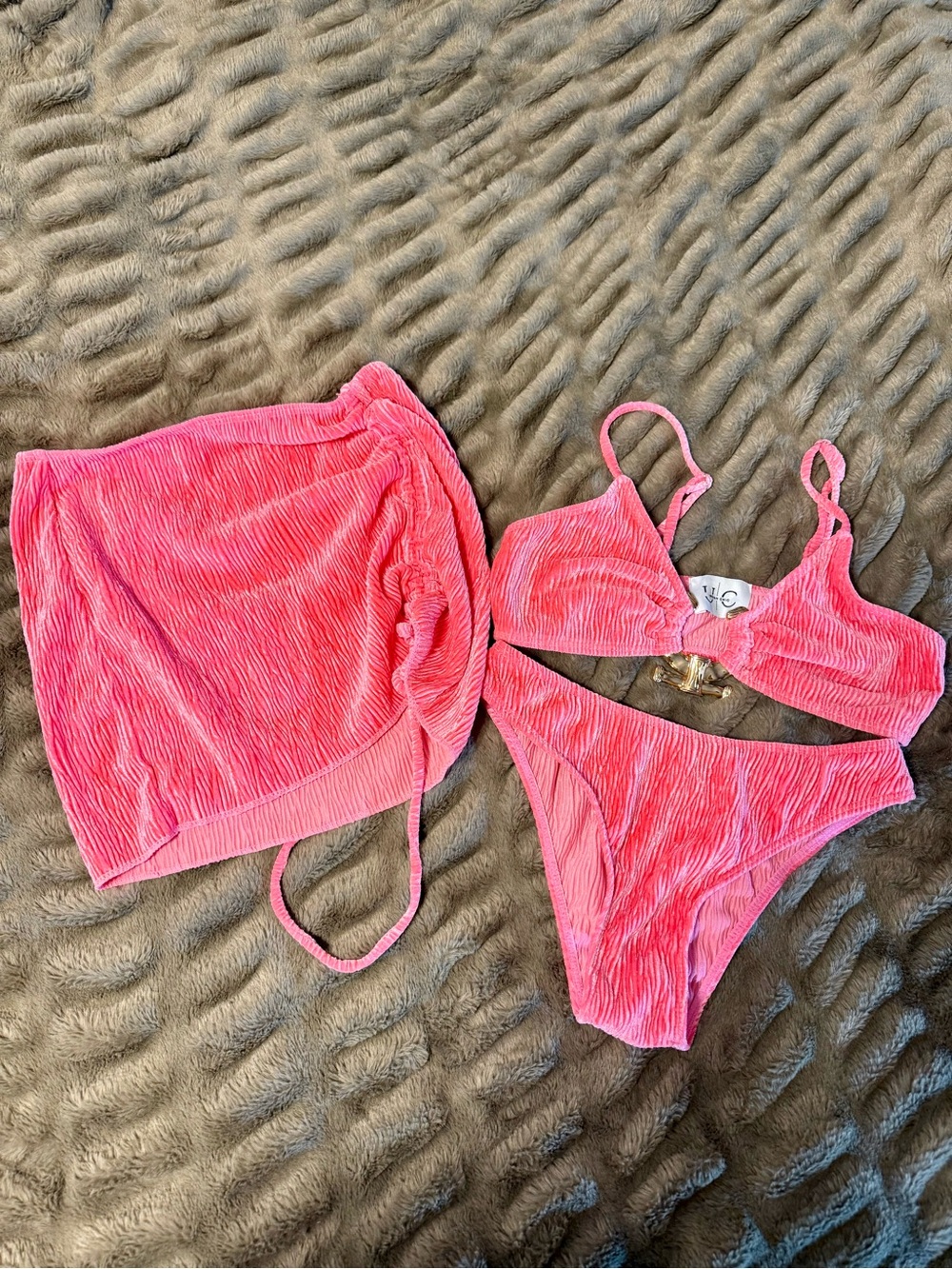 Pink Ribbed Bikini Set with Sarong — Women’s Swimwear